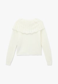 Maglione bianco caratterizzato da un corpo in maglia texturizzata e un giromanica arricciato e decorato con piccoli dettagli, maniche lunghe e una lunghezza cropped.