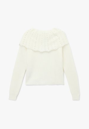 Weißer Pullover mit strukturiertem Strickkörper und einem rüschengeschmückten, gemusterten Besatz, langen Ärmeln und einer verkürzten Länge.