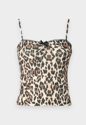 Leopard print camisole with thin black straps, textured fabric, and a gathered center detail. Features a black bow accent at the neckline.
