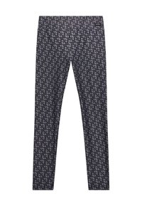 Leggings neri con un intricato motivo a tutto campo di forme interconnesse. Il materiale ha una texture liscia e un design aderente.