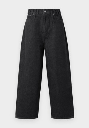 Black denim wide-leg trousers with a high waist, featuring a button and zip closure, stitched pockets, and a smooth texture.