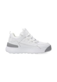 Weiße Sneaker mit grauen Akzenten, aus glattem synthetischem Material. Verfügt über eine abgerundete Zehenpartie, gepolsterte Knöchel und eine strukturierte Außensohle.