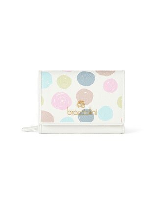 White leather wallet with a colorful polka dot pattern in pastel shades. Features a gold logo and a zippered compartment.