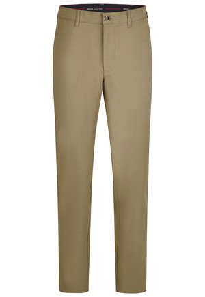 Beige Herrenhose mit geradem Bein, Gürtelschlaufen, Knopfverschluss und Reißverschluss, aus glattem Stoff gefertigt.