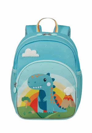 Light blue children's backpack featuring a smiling dinosaur, rainbow, tree, smoke cloud, and volcano design on the front pocket.