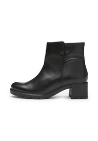 Schwarze Leder-Ankle-Boots mit abgerundeter Zehenpartie, niedrigem Blockabsatz, strukturiertem Finish und minimalen Nähdetails an der Seite.