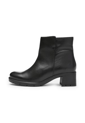 Schwarze Leder-Ankle-Boots mit abgerundeter Zehenpartie, niedrigem Blockabsatz, strukturiertem Finish und minimalen Nähdetails an der Seite.