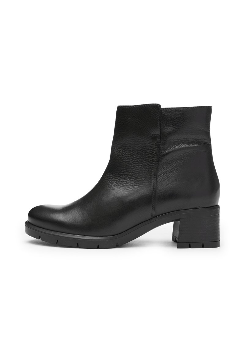 Schwarze Leder-Ankle-Boots mit abgerundeter Zehenpartie, niedrigem Blockabsatz, strukturiertem Finish und minimalen Nähdetails an der Seite.