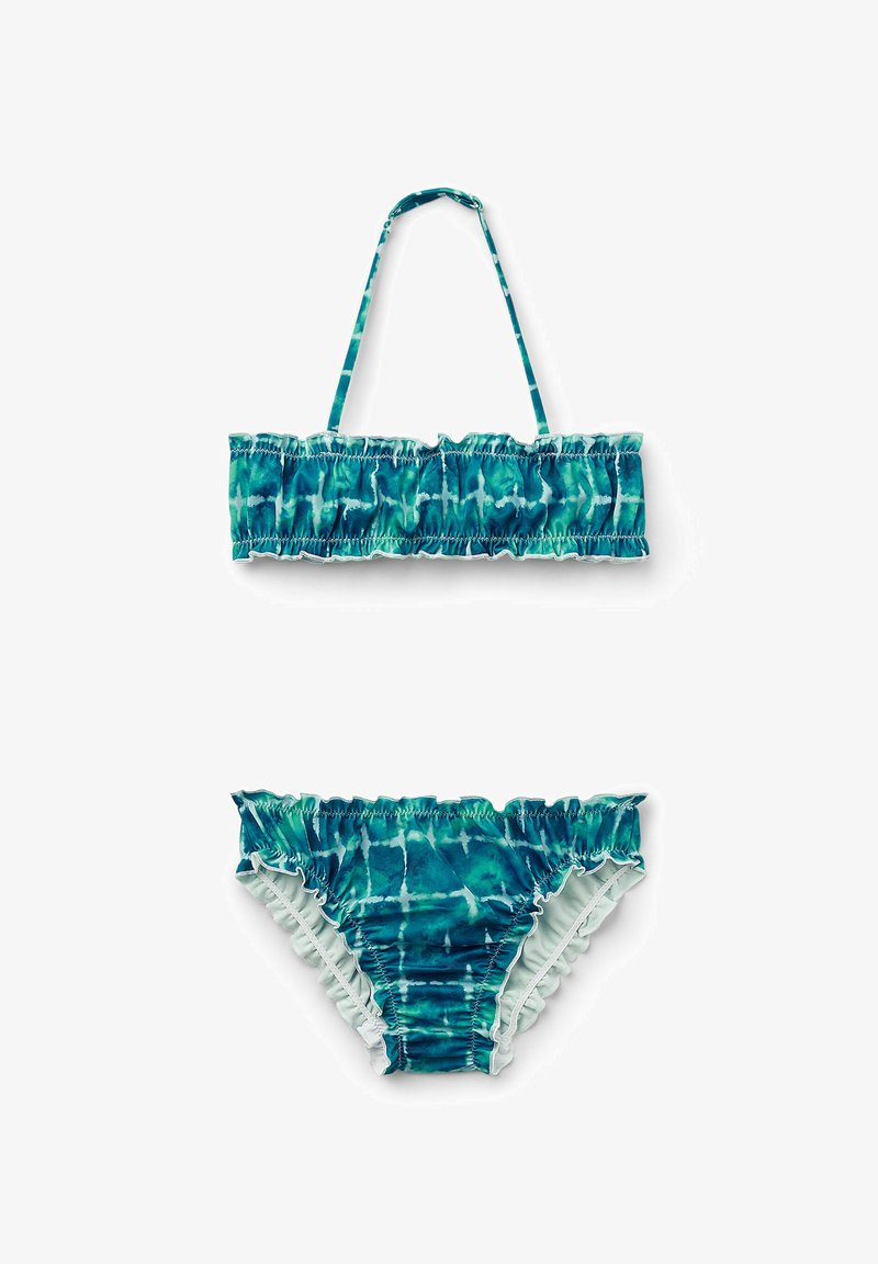 Bikini set obsahující bandeau vršek a odpovídající spodní díl. Vyrobeno z modro-zelené batikované tkaniny se třásněmi a nastavitelnými ramínky.