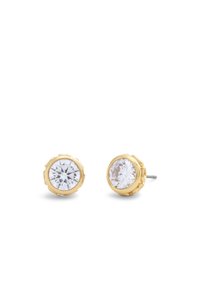 Orecchini a perno color oro con pietre rotonde in zirconia cubica trasparente, incastonati in un montaggio a bezels texturizzati.