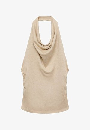 Bež brezrokavnik s padajočim ovratnikom in sproščenim krojem. Narejen iz mehke tkanine z rahlim sijajem. Ima stranske gubice.