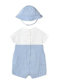 Mono de algodón a rayas en azul y blanco con mangas cortas, botones frontales y dos bolsillos; incluye sombrero de sol a rayas a juego.
