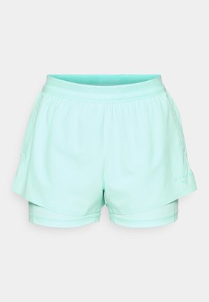 Light mint green athletic shorts made from a smooth, breathable fabric. Features a mesh waistband and a layered design with inner shorts.