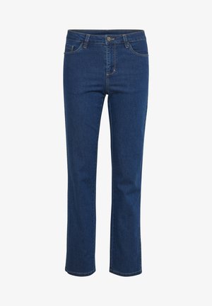 Dark blue denim jeans with a straight leg design, five pockets, and a fastening button at the waist. Subtle contrast stitching detail.