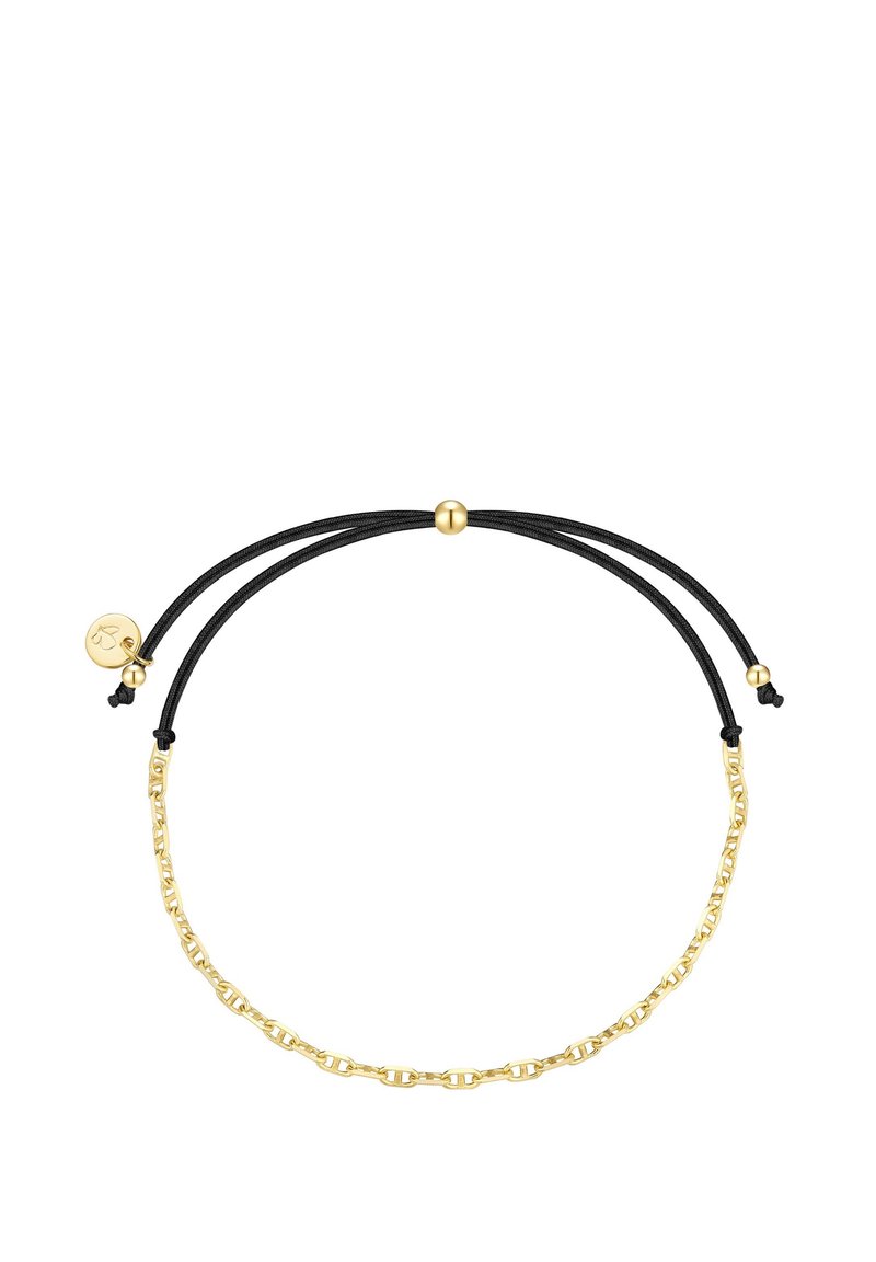 Aukso grandinėlė su reguliuojamu juodu virvutė ir mažą apvalų auksinį žavesį ant paprasto balto fono.