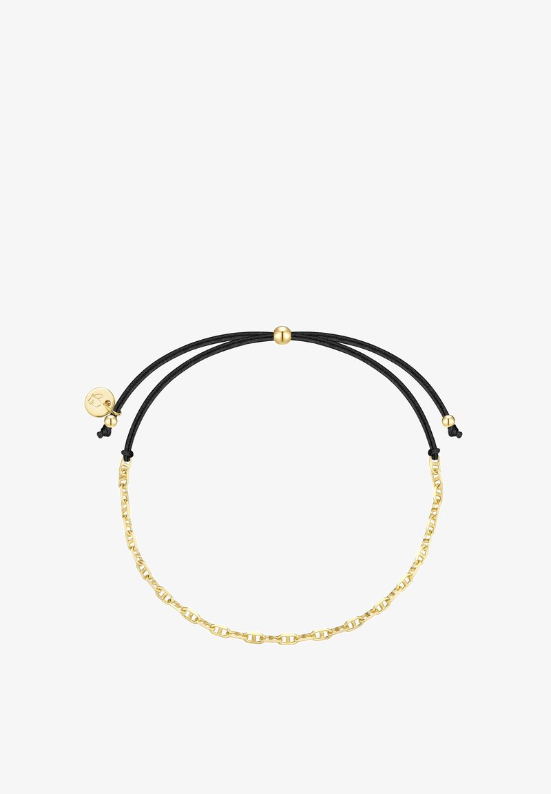 Aukso grandinėlė su reguliuojamu juodu virvutė ir mažą apvalų auksinį žavesį ant paprasto balto fono.