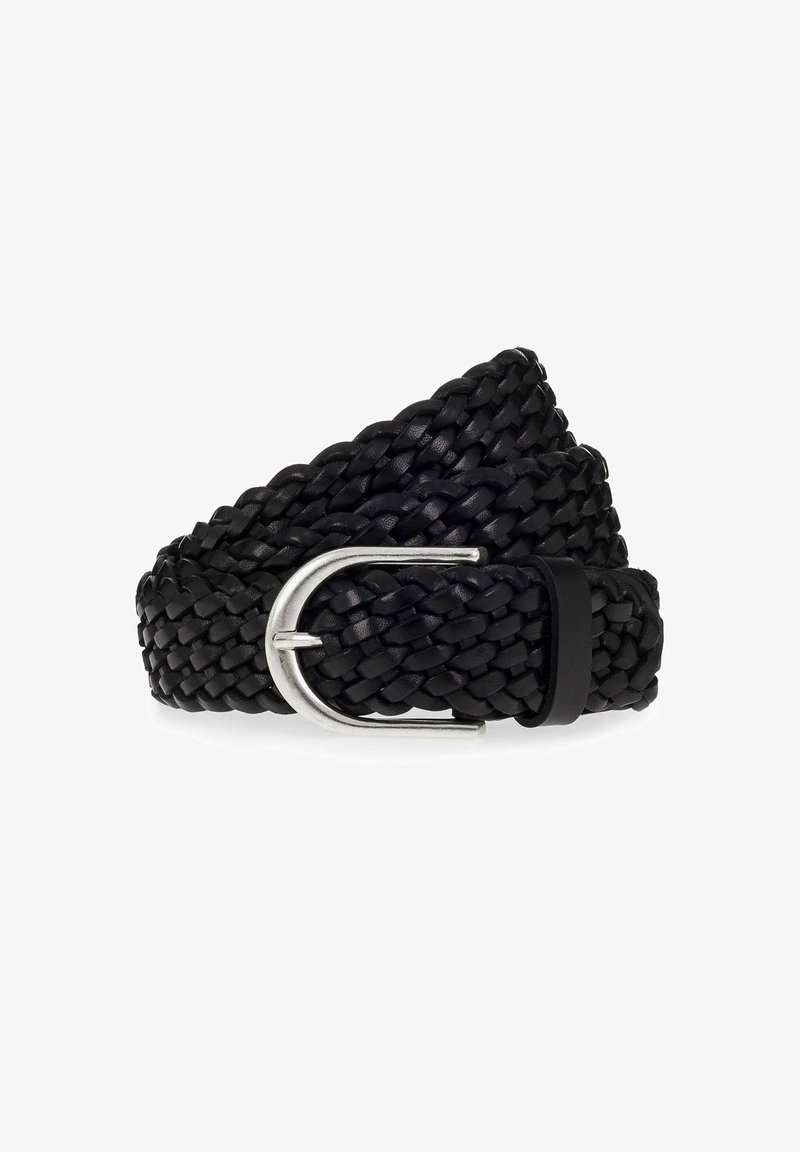 Cintura in pelle intrecciata nera con fibbia in metallo argentato. La texture è liscia con un design intrecciato e un'estremità dritta.