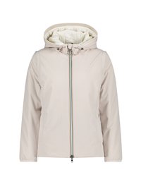Veste beige clair avec capuche, présentant une fermeture éclair à l'avant avec une bande multicolore et des poignets élastiques. Tissu lisse et résistant à l'eau.