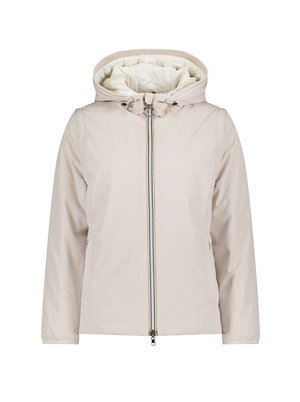 Light beige jacket with a hood, featuring a zip front with a multi-colored stripe, and elastic cuffs. Smooth, water-resistant fabric.