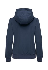 Mörkblå jacka med huva, elastiska ärmslut och midja. Slät tyg med en enkel design, som visar en ren baksida.