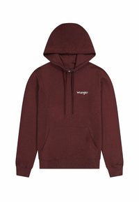 Bordeaux hoodie met een kangoeroezak, een capuchon met trekkoord, ribbelmanchetten en -zoom; voorzien van het witte "Wrangler" logo op de borst.