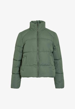Green puffer jacket with a high collar, featuring quilted panels, a front zipper, and two side pockets for added functionality.
