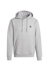 Grå hoodie med kenguruficka, dragsko i huvan och svarts Adidas-logotyp på bröstet; fleeceytstruktur och ribbade manschetter och fåll.