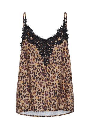 Cami s leopardím vzorom s čiernym čipkovým detailom pozdĺž výstrihu. Vyrobené z ľahkej, hladkej látky s nastaviteľnými ramienkami.