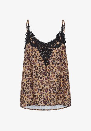 Top s uzorkom leoparda, s crnim čipkastim detaljima duž izreza. Napravljen od lagane, glatke tkanine s podesivim trakama.