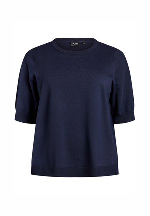 Top a maniche corte lavorato a maglia blu navy con scollo rotondo, polsini a coste e orlo dritto. Texture morbida, vestibilità rilassata e design minimalista.