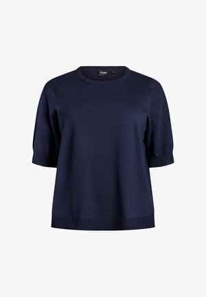 Tumesinist värvi lühikeste varrukatega kootud pluus ümar kaelusega, soonikkoes mansettide ja sirge äärega. Pehme tekstuur, lõdvestunud lõige ja minimalistlik disain.