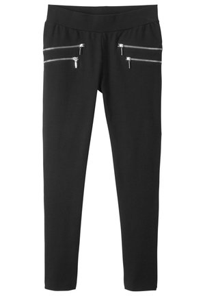 Leggings neri elastici con vita alta, dotati di tre tasche con zip argentate sul davanti per riporre oggetti. Texture liscia su tutta la superficie.