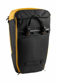 Zaino nero e giallo con tessuto testurizzato, dotato di maniglia superiore, fibbie regolabili e pannello posteriore progettato per il montaggio di accessori.