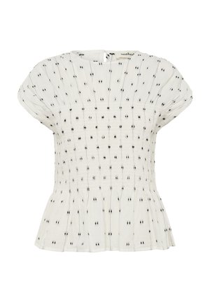 Weiße Bluse mit gerafftem Oberteil, kurzen Puffärmeln und schwarzen Punktdetails. Verfügt über einen ausgestellten Peplum-Saum und eine weiche Stoffstruktur.