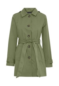 Cappotto trench verde con cintura a doppio uso, chiusura a bottoni, spalline, due tasche frontali e un tessuto morbido e leggero.