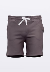 Grijze katoenen shorts met een elastische tailleband, witte trekkoord, zijzakken en een gladde textuur. Halflange pijpen tot halverwege de dij.