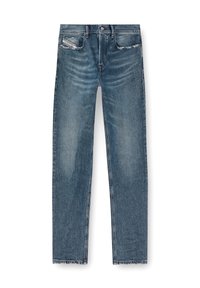 Blue denim jeans with a straight-leg cut, featuring five pockets, faded wash, and subtle distressing on the front and hem.
