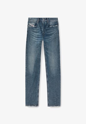 Blue denim jeans with a straight-leg cut, featuring five pockets, faded wash, and subtle distressing on the front and hem.