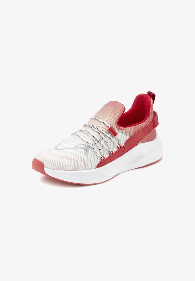 Sport shoes with a red and white mesh upper, elastic laces, and a chunky white sole. Features a red heel tab and accent details.