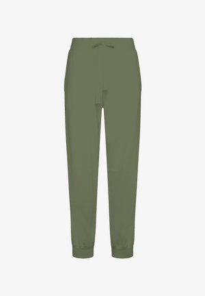 Vihreät jumppahousut, joissa on nauhakuuluksilla varustettu vyötärö, vartalonmyötäiset nilkat ja sileä pinta. Suunniteltu mukavuutta ja rentoa käyttöä varten.