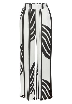 Weite Hosen mit hoher Taille, versehen mit auffälligen vertikalen schwarzen und weißen abstrakten Streifen und einem strukturierten Stoff.