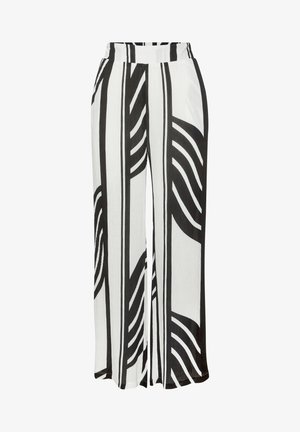 Wide-leg pants with high waist, featuring bold vertical black and white abstract stripes and a textured fabric.