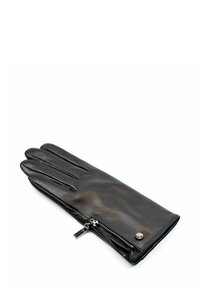 Black leather glove featuring a zip closure and a metallic accent at the wrist. Smooth texture with a fitted, three-dimensional shape.