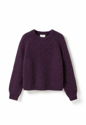 Maglione viola scuro a maniche lunghe con scollo a girocollo, dalla texture soffice e con polsini e orlo a coste su sfondo bianco.