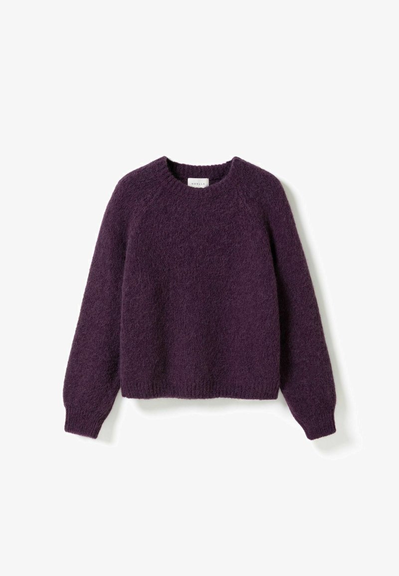 Pull violet foncé à manches longues avec col rond, texture duveteuse, poignets et ourlet côtelés sur fond blanc.