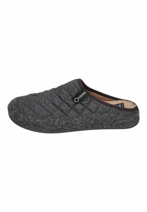 Gray quilted slip-on slippers with a wool-like gray sole, featuring a plush interior and a black label accent on the side.