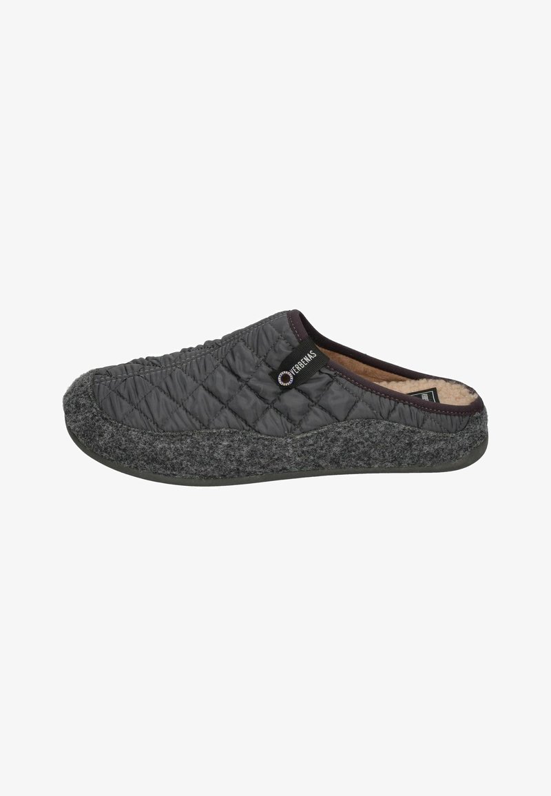 Gray quilted slip-on slippers with a wool-like gray sole, featuring a plush interior and a black label accent on the side.