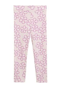 Leggings van lichtroze stof, met een herhaald patroon van paarse bloemen met hartvormen in het midden. Glad textuur, aangesloten ontwerp.