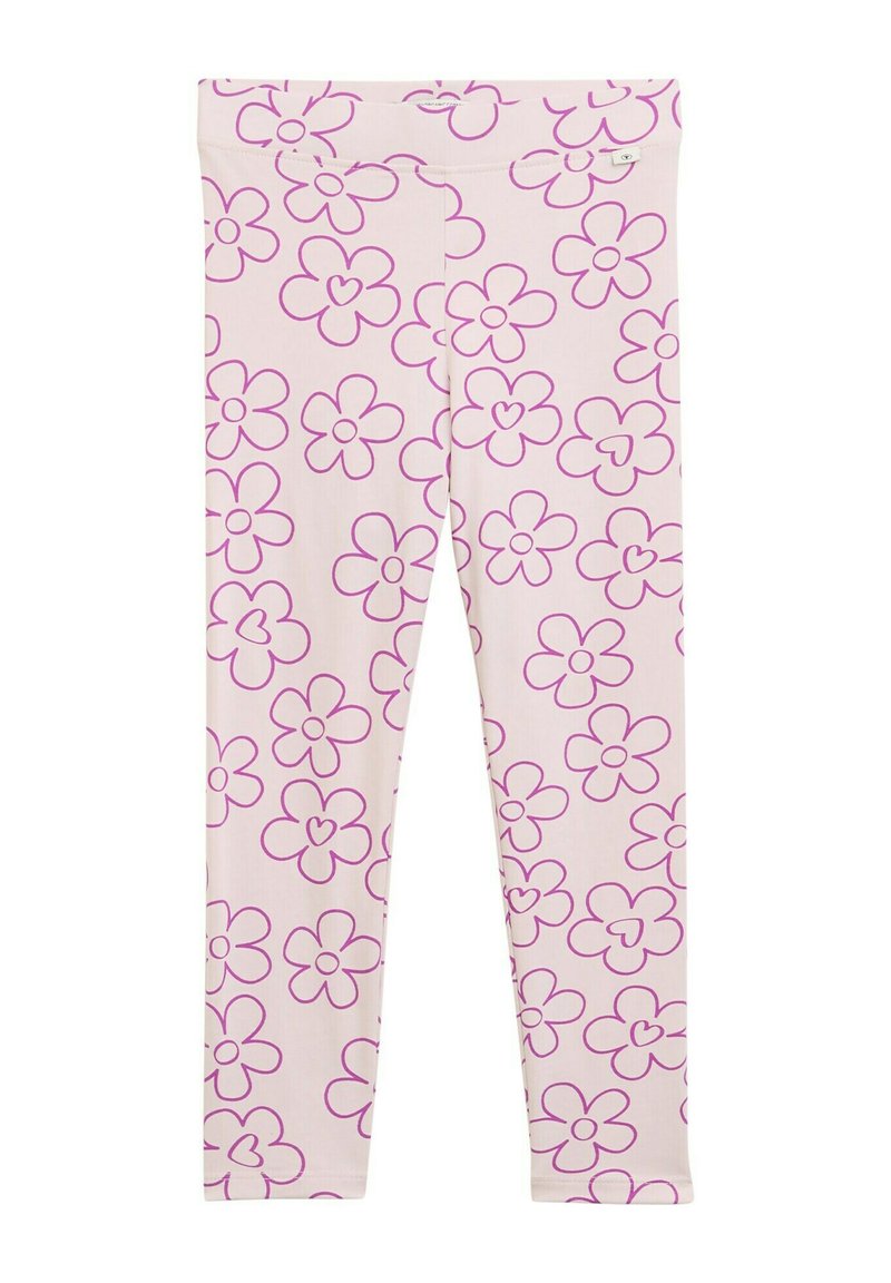Leggings van lichtroze stof, met een herhaald patroon van paarse bloemen met hartvormen in het midden. Glad textuur, aangesloten ontwerp.