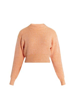 Gekürzter Pullover aus leicht orangefarbenem Rippstrick mit hohem Kragen und langen Ärmeln, der über eine strukturierte Oberfläche und nahtlose Schultern verfügt.
